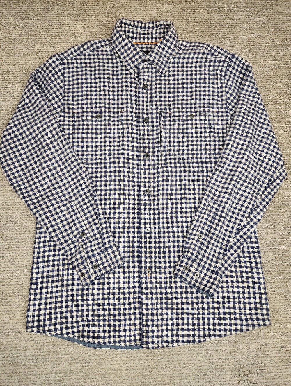 Orvis Flannel Button Down Mens M Blue White Gingham Check Plaid Soft Outdoors